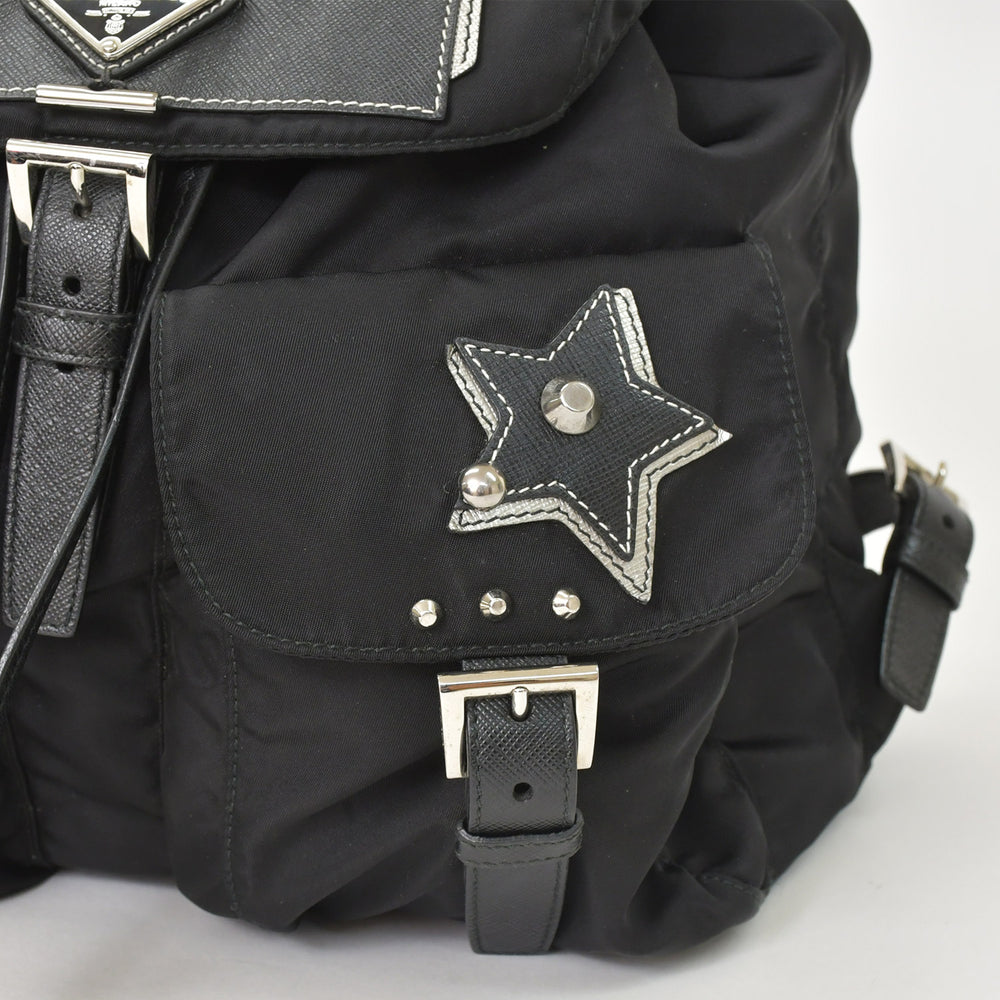 PRADA Tesuto Nylon Robot Rucksack 1BZ811 Saffiano Leather Studs Metal Logo Plate Black Good Condition Used 1BZ811