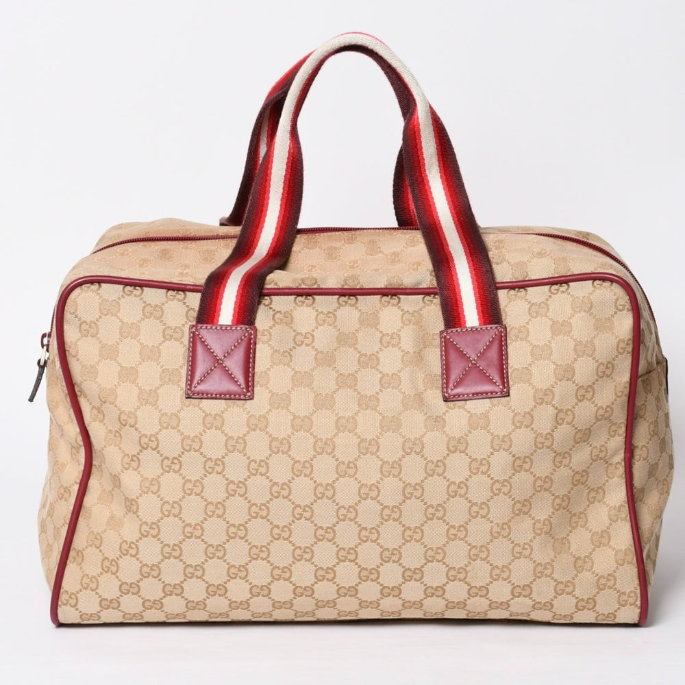 GUCCI グッチ ボストン ハンドバッグ 153240 204046 GGキャンバス シェリーライン レザー ブラウン レッド 美品 中古 4a000219