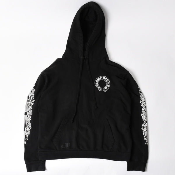 CHROME HEARTS クロムハーツ プルオーバーフーディー パーカー サイズL フローラルクロス ホースシュー ブラック 美品 中古 4a005382
