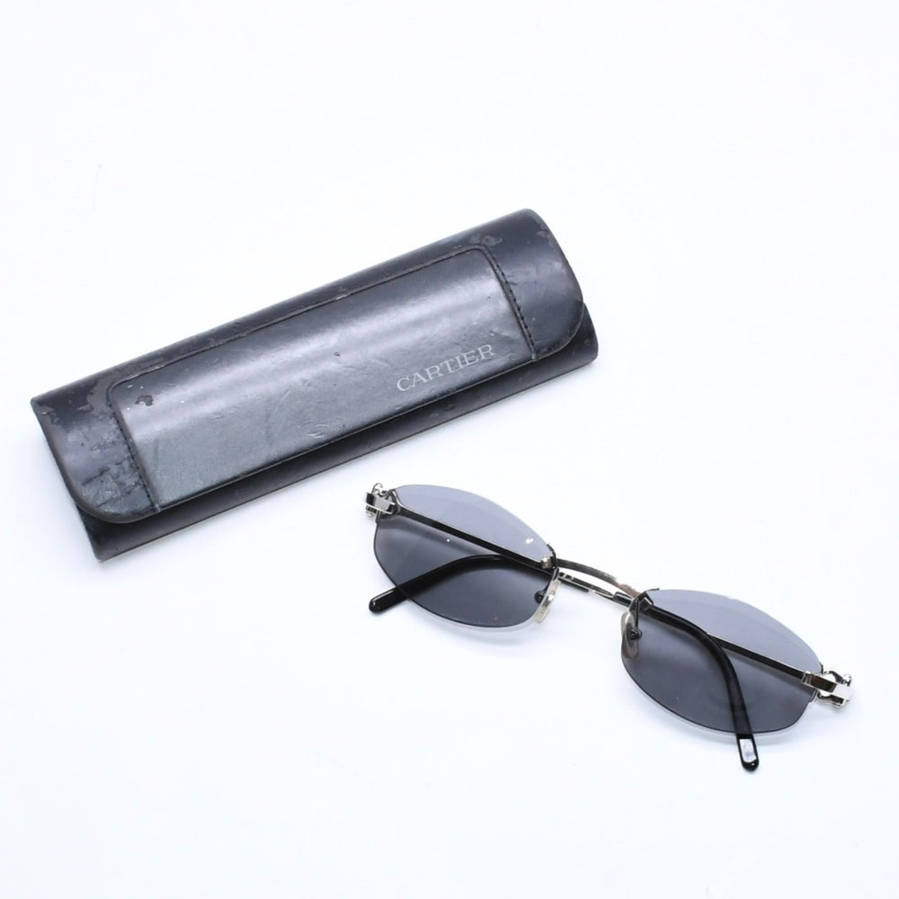 極美品 CARTIER カルティエ リムレス オーバルサングラス 2762766 2Cモチーフ ブラック アクセアリー シルバー金具 中古 4a006948