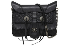 極美品 CHANEL シャネル Paris-Dallas フリンジ フラップ サドルバッグ キルティング 2014年 19番台 カーフスキン ブラック 4b011468