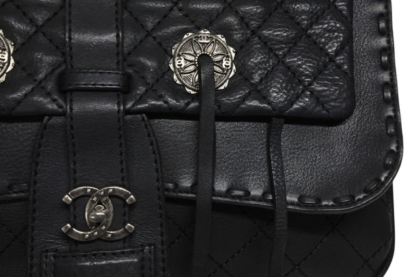 極美品 CHANEL シャネル Paris-Dallas フリンジ フラップ サドルバッグ キルティング 2014年 19番台 カーフスキン ブラック 4b011468