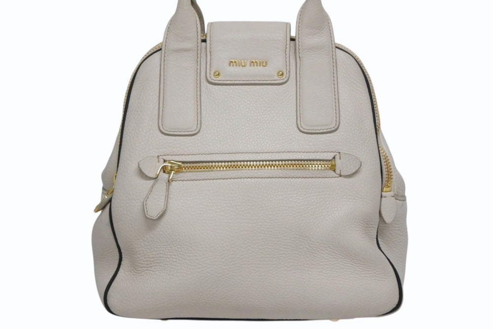 MIUMIU ミュウミュウ VITELLO CARIBU ヴィテロ カリブ 2WAYバッグ RL0068 カーフレザー アイボリー ゴールド金具 美品 中古 4b011563