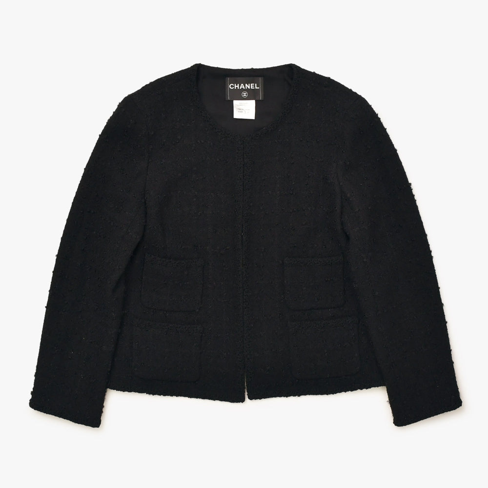 極美品 CHANEL シャネル ツイード ジャケット P36437V26291 ブラック ウール ナイロン モヘア サイズ46 中古 4b013314