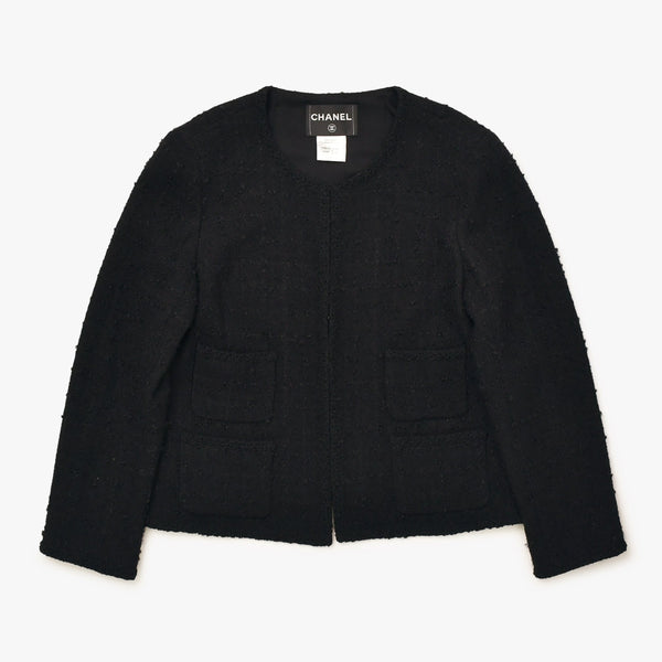 極美品 CHANEL シャネル ツイード ジャケット P36437V26291 ブラック ウール ナイロン モヘア サイズ46 中古 4b013314