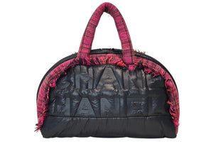 新品未使用 CHANEL シャネル ボストン ハンドバッグ 20番台 ロゴ ピンク ネイビー ツイード ナイロン 中古 4b013286
