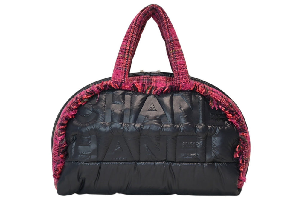 新品未使用 CHANEL シャネル ボストン ハンドバッグ 20番台 ロゴ ピンク ネイビー ツイード ナイロン 中古 4b013286