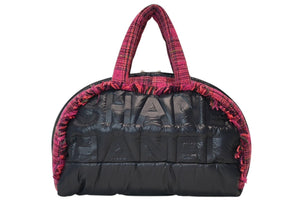 新品未使用 CHANEL シャネル ボストン ハンドバッグ 20番台 ロゴ ピンク ネイビー ツイード ナイロン 中古 4b013286