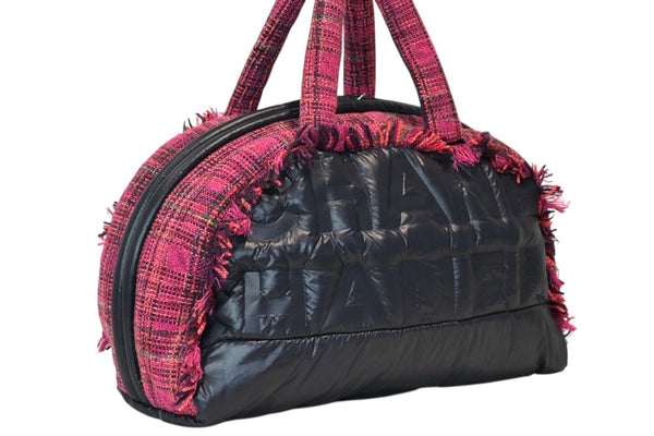 新品未使用 CHANEL シャネル ボストン ハンドバッグ 20番台 ロゴ ピンク ネイビー ツイード ナイロン 中古 4b013286