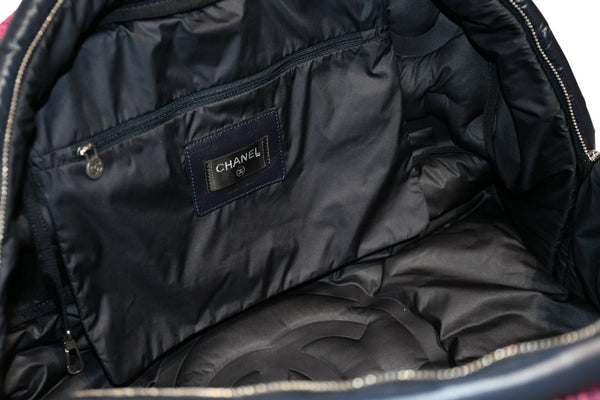新品未使用 CHANEL シャネル ボストン ハンドバッグ 20番台 ロゴ ピンク ネイビー ツイード ナイロン 中古 4b013286