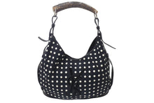 画像をギャラリービューアに読み込む, YVES SAINT LAURENT イヴサンローラン ポルカドット モンバサ ホーボー ハンドバッグ ブラック 水玉 コットン レザー 鹿角 ワンショルダー 135202 美品 中古 4c075686
