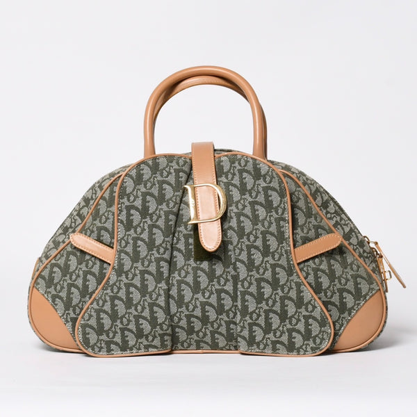 Very Good Condition CHRISTIAN DIOR Trotter Pattern Double Saddle Bag MA-0091 Khaki Beige Gold Hardware Used 4a008410