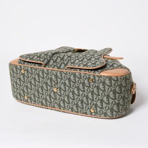 Very Good Condition CHRISTIAN DIOR Trotter Pattern Double Saddle Bag MA-0091 Khaki Beige Gold Hardware Used 4a008410