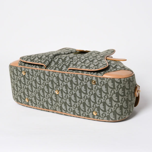 Very Good Condition CHRISTIAN DIOR Trotter Pattern Double Saddle Bag MA-0091 Khaki Beige Gold Hardware Used 4a008410