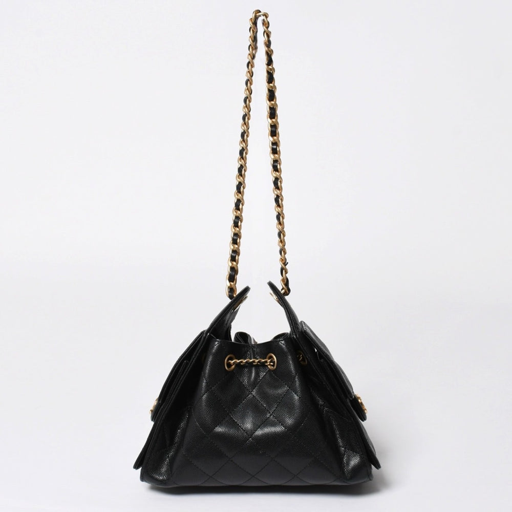 新品未使用 CHANEL シャネル CHANEL25 ミニ チェーンショルダーバッグ ランダム番台 キャビアスキン ブラック ゴールド金具 中古 4a008930