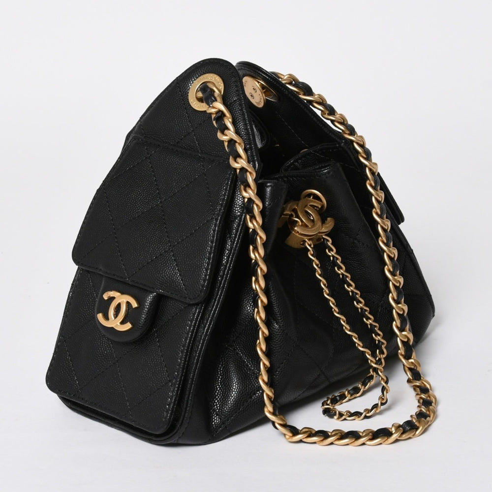 新品未使用 CHANEL シャネル CHANEL25 ミニ チェーンショルダーバッグ ランダム番台 キャビアスキン ブラック ゴールド金具 中古 4a008930