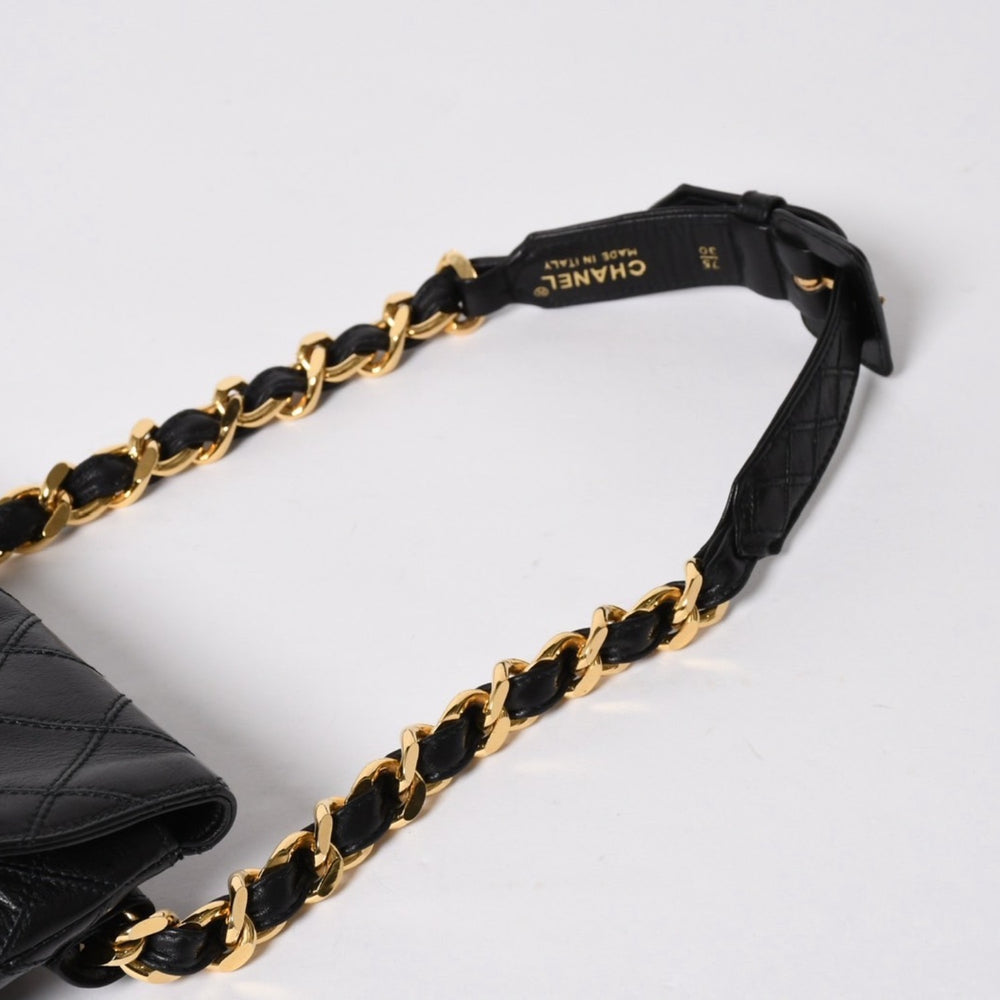 CHANEL シャネル ビコローレ ベルトポーチ ウエストポーチ ココマーク ラムスキン ブラック ゴールド金具 美品 中古 4a008879