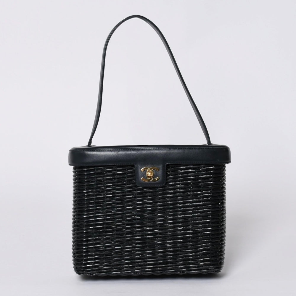 極美品 CHANEL シャネル ヴァニティバッグ ハンドバッグ 5番台 ココマーク ラタン ストロー レザー ブラック ゴールド金具 中古 4a000501