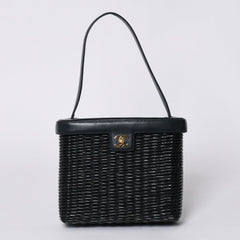極美品 CHANEL シャネル ヴァニティバッグ ハンドバッグ 5番台 ココマーク ラタン ストロー レザー ブラック ゴールド金具 中古 4a000501