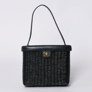 極美品 CHANEL シャネル ヴァニティバッグ ハンドバッグ 5番台 ココマーク ラタン ストロー レザー ブラック ゴールド金具 中古 4a000501