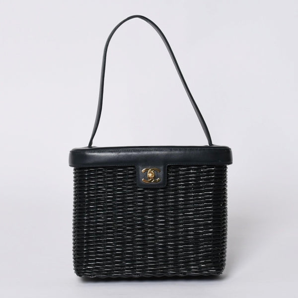 極美品 CHANEL シャネル ヴァニティバッグ ハンドバッグ 5番台 ココマーク ラタン ストロー レザー ブラック ゴールド金具 中古 4a000501