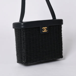 極美品 CHANEL シャネル ヴァニティバッグ ハンドバッグ 5番台 ココマーク ラタン ストロー レザー ブラック ゴールド金具 中古 4a000501