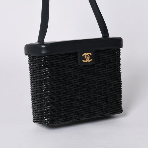 極美品 CHANEL シャネル ヴァニティバッグ ハンドバッグ 5番台 ココマーク ラタン ストロー レザー ブラック ゴールド金具 中古 4a000501