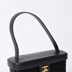 極美品 CHANEL シャネル ヴァニティバッグ ハンドバッグ 5番台 ココマーク ラタン ストロー レザー ブラック ゴールド金具 中古 4a000501