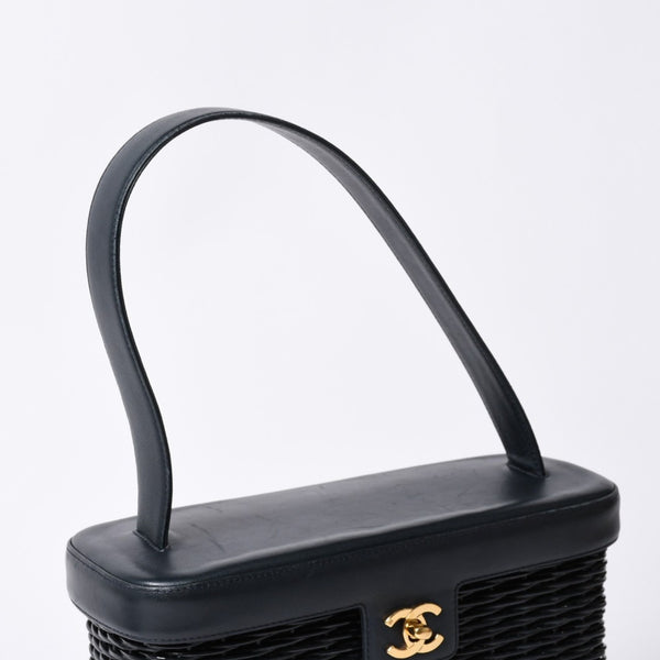極美品 CHANEL シャネル ヴァニティバッグ ハンドバッグ 5番台 ココマーク ラタン ストロー レザー ブラック ゴールド金具 中古 4a000501