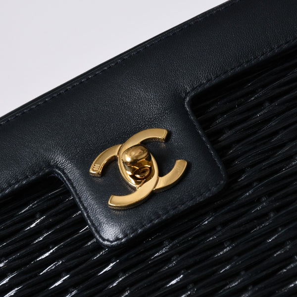 極美品 CHANEL シャネル ヴァニティバッグ ハンドバッグ 5番台 ココマーク ラタン ストロー レザー ブラック ゴールド金具 中古 4a000501
