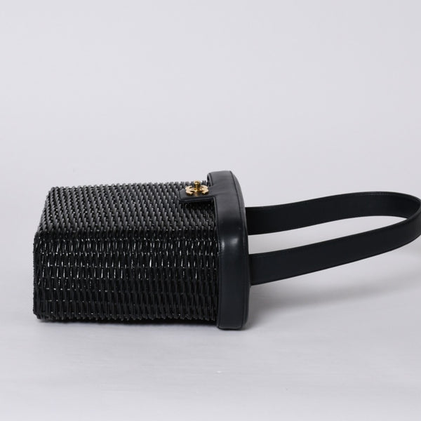 極美品 CHANEL シャネル ヴァニティバッグ ハンドバッグ 5番台 ココマーク ラタン ストロー レザー ブラック ゴールド金具 中古 4a000501
