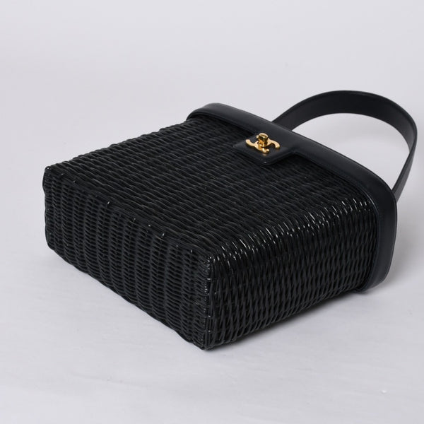 極美品 CHANEL シャネル ヴァニティバッグ ハンドバッグ 5番台 ココマーク ラタン ストロー レザー ブラック ゴールド金具 中古 4a000501