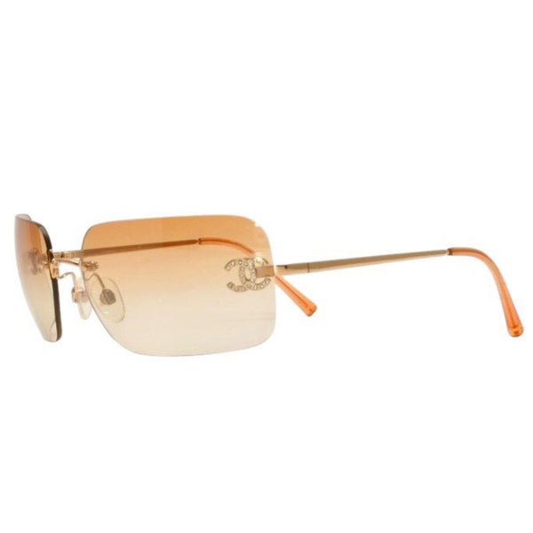 CHANEL Rimless Sunglasses Eyewear 4017-D c.125/56 Size 62□17 120 Coco Mark Rhinestone Orange Good Condition Used 4a000298