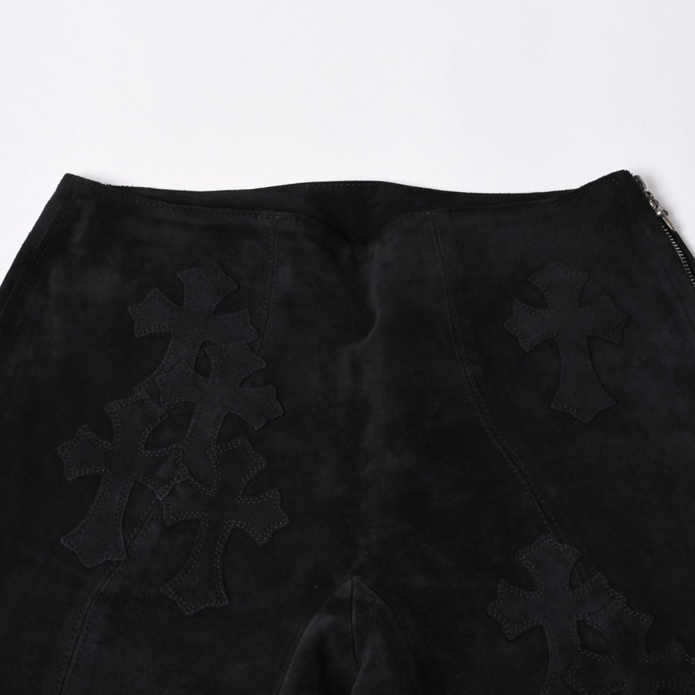 新品同様 CHROME HEARTS クロムハーツ セメタリークロスパッチ スウェードパンツ サイズ26 40パッチ カーフレザー ダガー 中古 4a000120