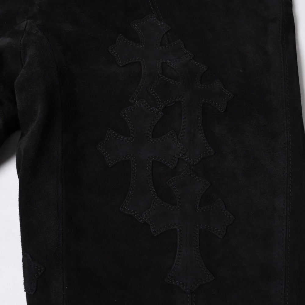 新品同様 CHROME HEARTS クロムハーツ セメタリークロスパッチ スウェードパンツ サイズ26 40パッチ カーフレザー ダガー 中古 4a000120