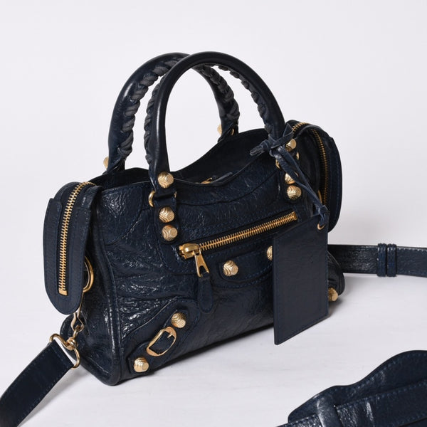 Very Good Condition BALENCIAGA LE CITY MINI Mini City 2WAY Bag 309544 Navy Gold Hardware Good Condition Used 4a000367