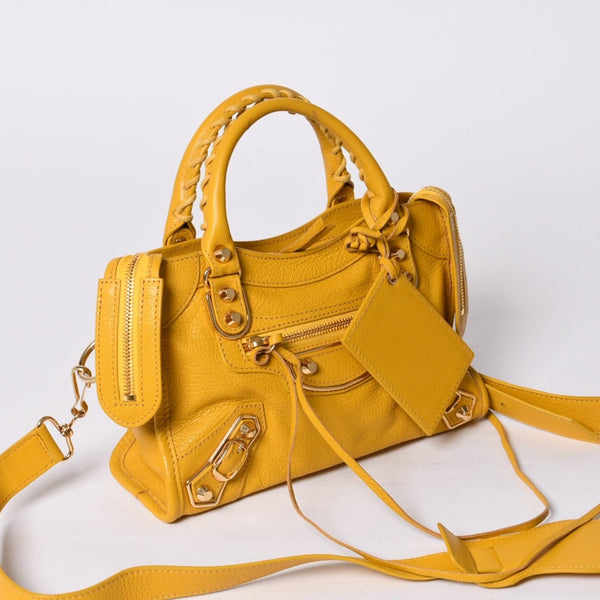 極美品 BALENCIAGA バレンシアガ ミニ シティ ハンドバッグ ショルダーバッグ 2WAY 390160 レザー イエロー 中古 4a000375