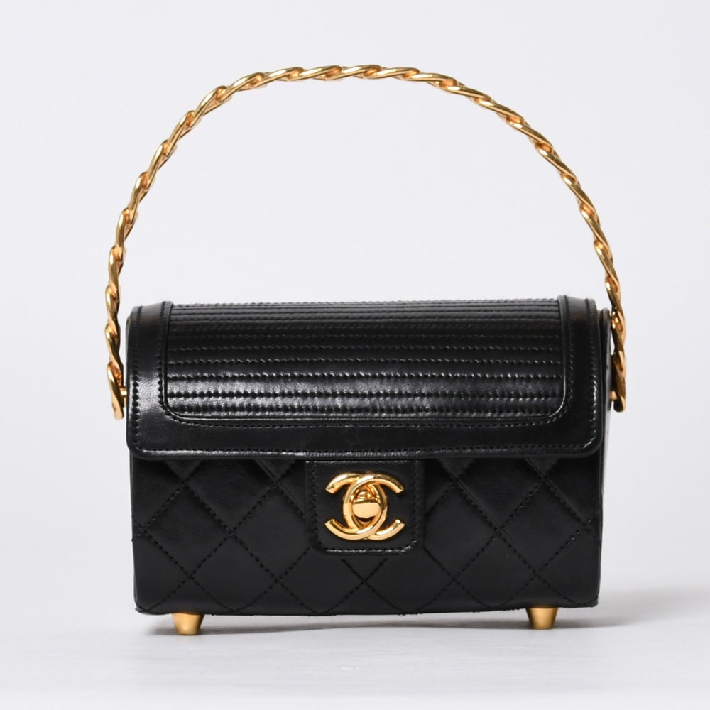 極美品 CHANEL シャネル チェーントップハンドル ミニハンドバッグ 0番台 ココマーク ラムスキン ブラック ゴールド金具 中古 4a000942