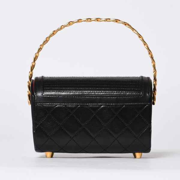 Very Good Condition CHANEL Chain Top Handle Mini Handbag Series 0 Coco Mark Lambskin Black Gold Hardware Used 4a000942