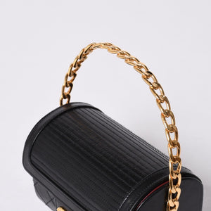 Very Good Condition CHANEL Chain Top Handle Mini Handbag Series 0 Coco Mark Lambskin Black Gold Hardware Used 4a000942