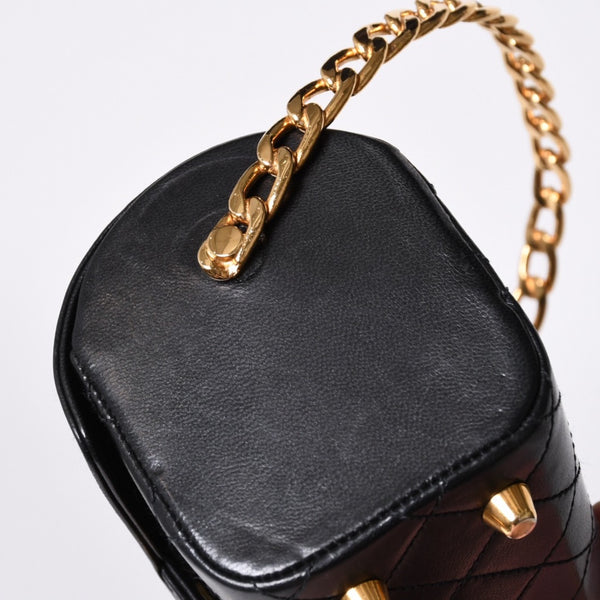 Very Good Condition CHANEL Chain Top Handle Mini Handbag Series 0 Coco Mark Lambskin Black Gold Hardware Used 4a000942