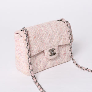 Very Good Condition CHANEL Mini Matelasse 17 S Flap S Chain Shoulder Bag No. 9 Coco Mark Tweed Leather Pink Used 4a000912