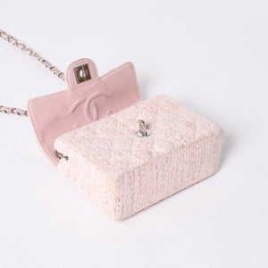 Very Good Condition CHANEL Mini Matelasse 17 S Flap S Chain Shoulder Bag No. 9 Coco Mark Tweed Leather Pink Used 4a000912