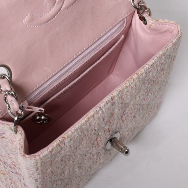 Very Good Condition CHANEL Mini Matelasse 17 S Flap S Chain Shoulder Bag No. 9 Coco Mark Tweed Leather Pink Used 4a000912