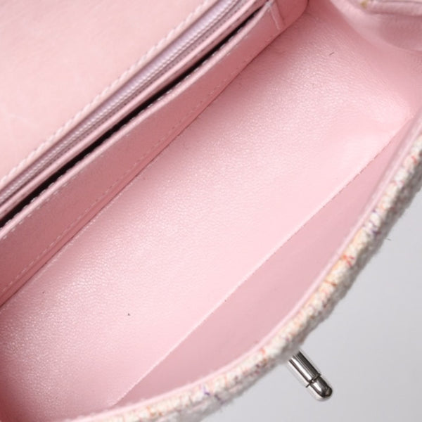 Very Good Condition CHANEL Mini Matelasse 17 S Flap S Chain Shoulder Bag No. 9 Coco Mark Tweed Leather Pink Used 4a000912