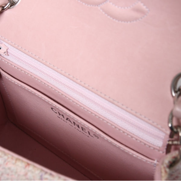 Very Good Condition CHANEL Mini Matelasse 17 S Flap S Chain Shoulder Bag No. 9 Coco Mark Tweed Leather Pink Used 4a000912