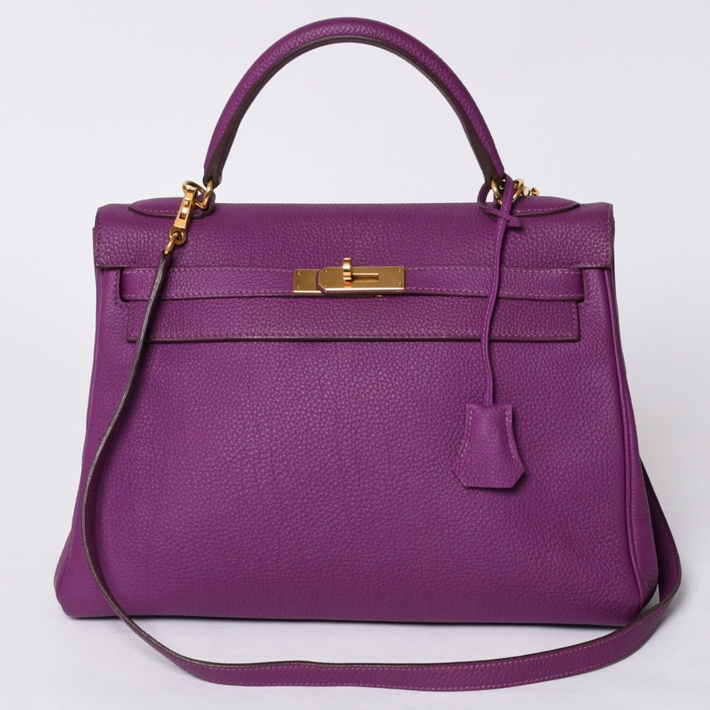 極美品 HERMES エルメス ケリー32 内縫い アネモネ パープル □R刻印 シルバー金具 トリヨンクレマンス ハンドバッグ 2WAY 中古 4a000804