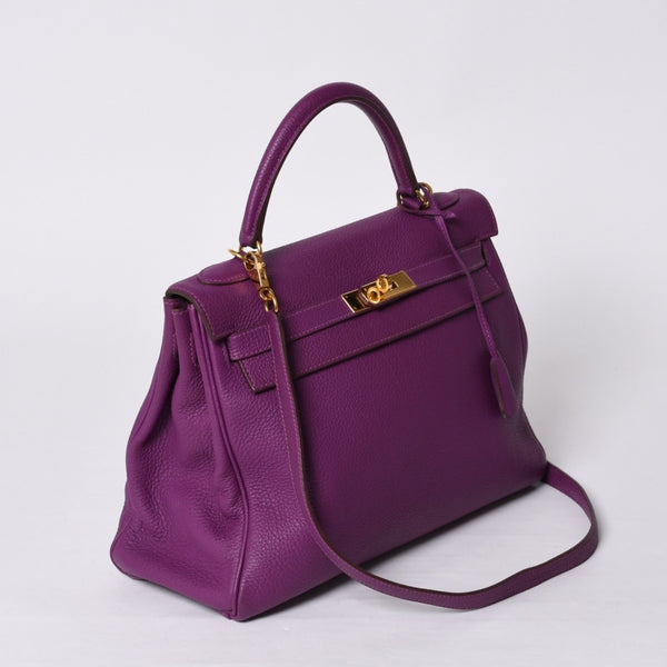 極美品 HERMES エルメス ケリー32 内縫い アネモネ パープル □R刻印 シルバー金具 トリヨンクレマンス ハンドバッグ 2WAY 中古 4a000804