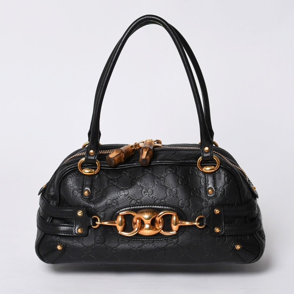 極美品 GUCCI ホースビット ワンショルダーバッグ 159899 ブラックレザー グッチシマ バンブー ゴールド金具 中古 4a000216