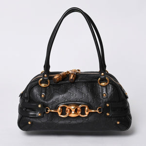 極美品 GUCCI ホースビット ワンショルダーバッグ 159899 ブラックレザー グッチシマ バンブー ゴールド金具 中古 4a000216